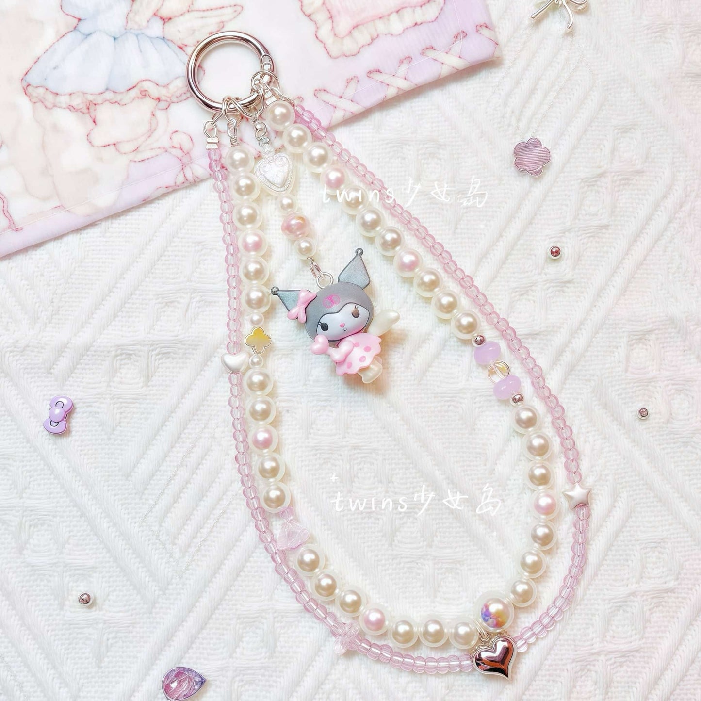 Handmade Kuromi phone chain with baroque pearl beads and purple charm strap