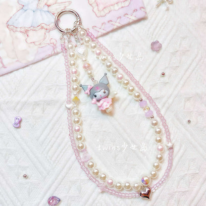 Handmade Kuromi phone chain with baroque pearl beads and purple charm strap