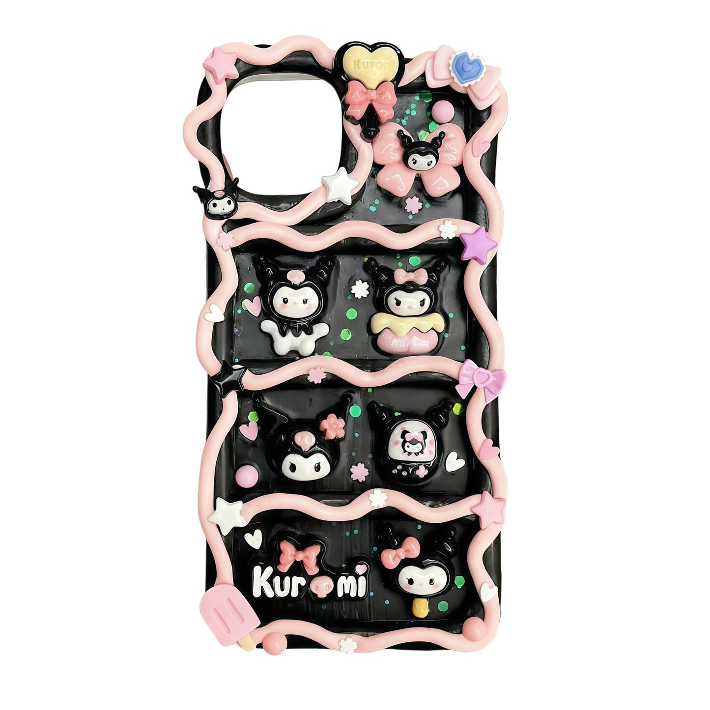 Black Kuromi decoden phone case with handmade kawaii Sanrio cream glue design and gothic style charms