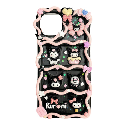 Black Kuromi decoden phone case with handmade kawaii Sanrio cream glue design and gothic style charms