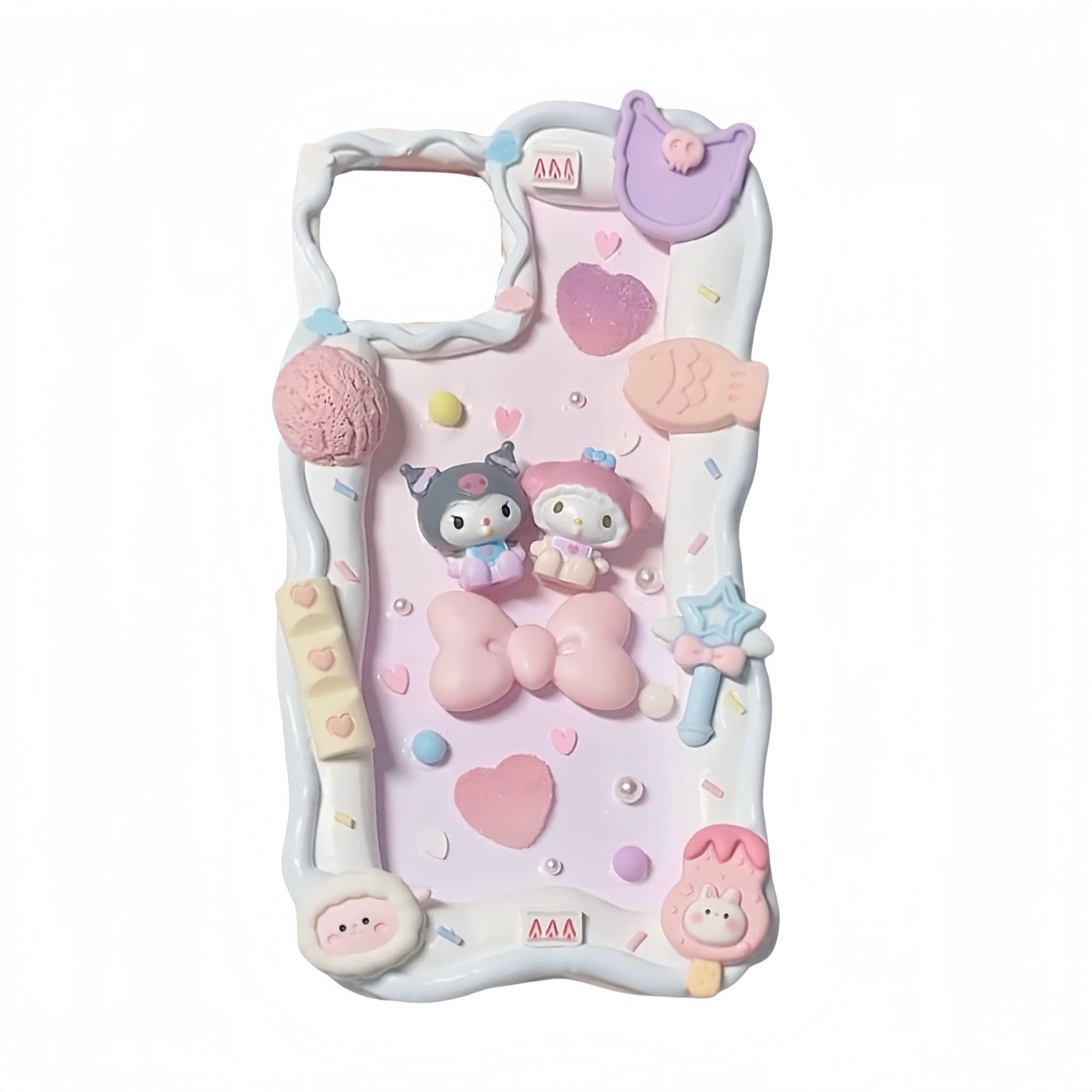 Kuromi and Melody decoden phone case with handmade cream glue design and kawaii Sanrio character charms