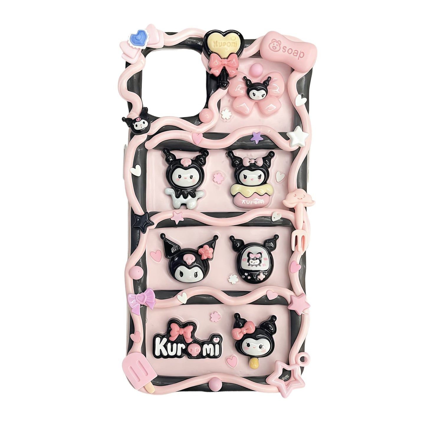 Pink Kuromi decoden phone case featuring handcrafted cream glue decorations with Sanrio character