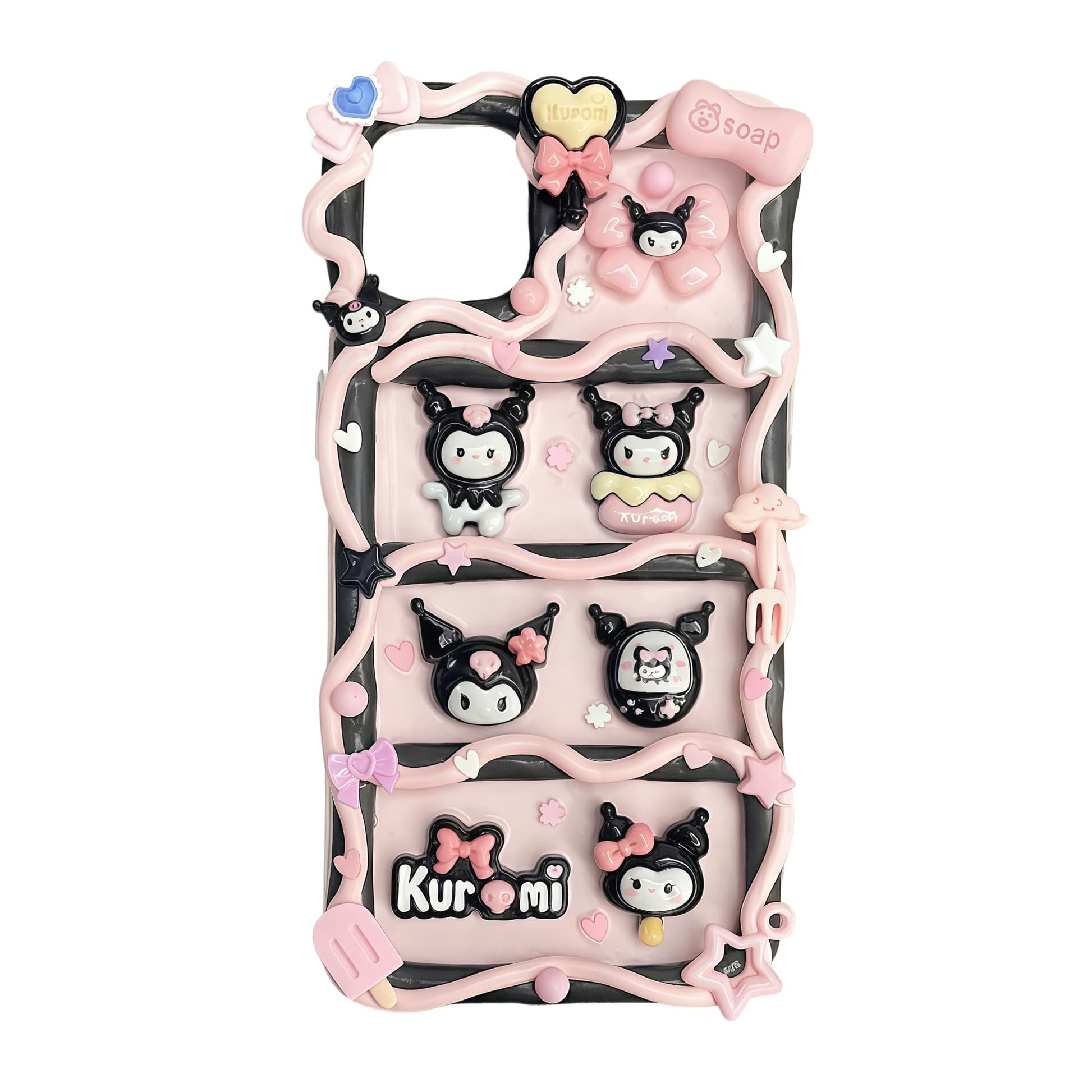 Pink Kuromi decoden phone case featuring handcrafted cream glue decorations with Sanrio character