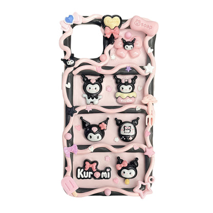 Pink Kuromi decoden phone case featuring handcrafted cream glue decorations with Sanrio character