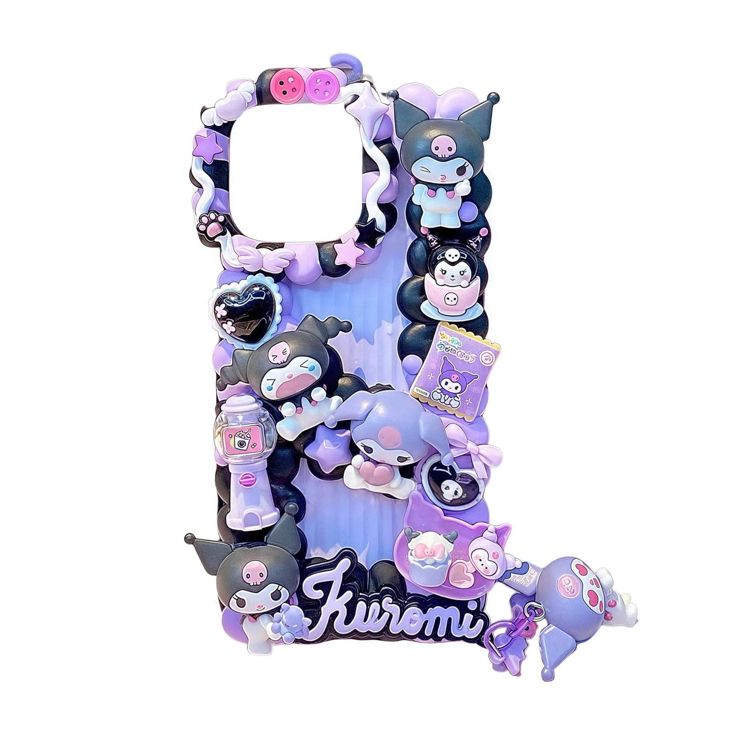 Handmade Sanrio Kuromi decoden phone case with kawaii purple cream glue design and gothic charms