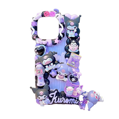 Handmade Sanrio Kuromi decoden phone case with kawaii purple cream glue design and gothic charms