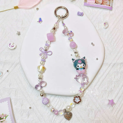 Handmade Kuromi phone chain with purple crystal beads and Sanrio charm - Y2K kawaii accessory