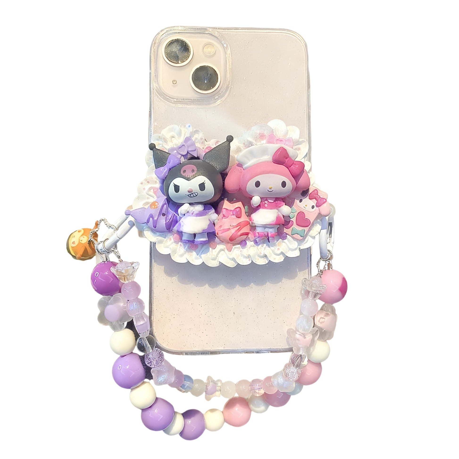 Handmade Decoden Phone Back Clip featuring My Melody and Kuromi characters in Y2K Baroque style with pink and purple pearls, rhinestones and whipped cream details - luxury phone grip and kickstand