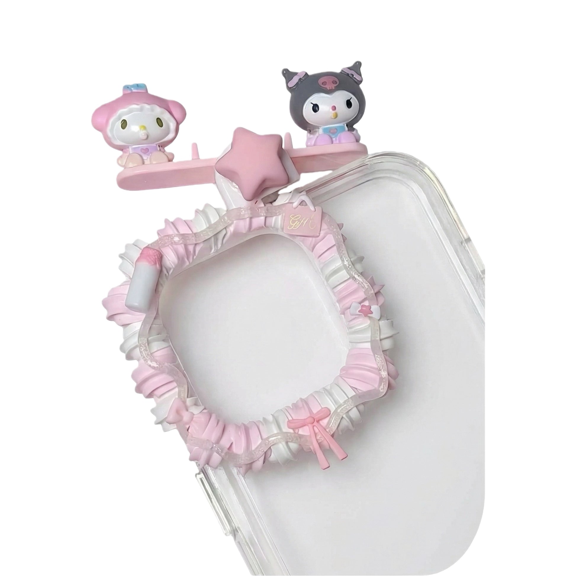 Handmade Sanrio My Melody and Kuromi decoden phone case with kawaii pink cream glue design