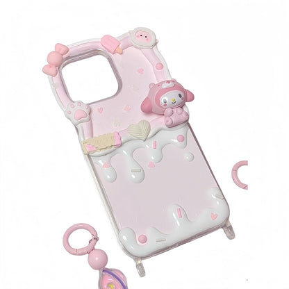 Pink handmade decoden phone case with Sanrio My Melody theme, cream glue technique and luxury pearl decoration