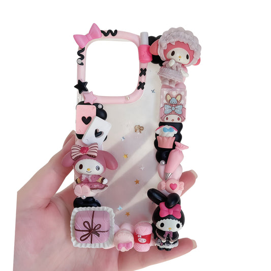 Handmade decoden phone case featuring Sanrio My Melody character with cream glue design, adorned with pearls, rhinestones and kawaii baroque-style decorations