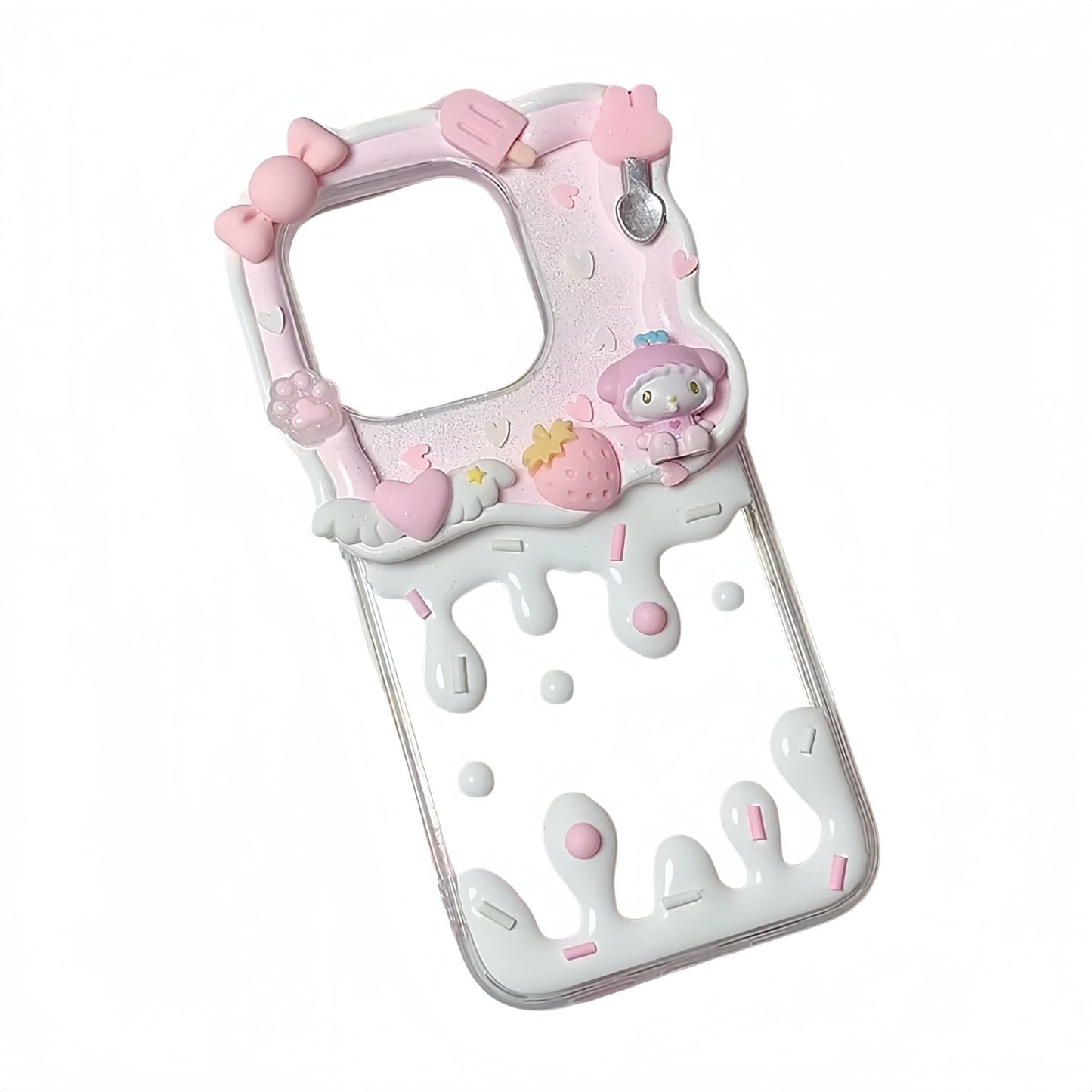 Custom My Melody decoden phone case featuring handmade cream glue art with baroque-style pearl and bow details