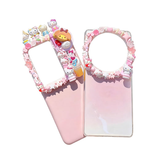 Handmade Sanrio decoden phone case featuring My Melody and Hello Kitty with pink cream glue design and pearl embellishments