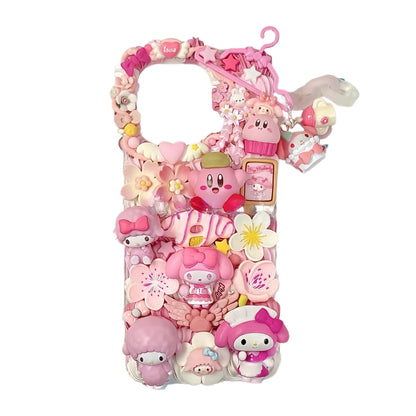 Handmade decoden phone case featuring Kirby and My Melody with 3D cream glue design and kawaii baroque details
