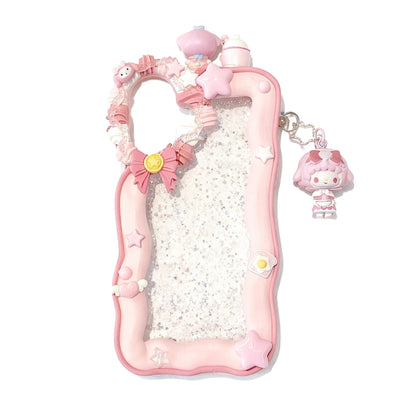 Pink handmade decoden phone case with Sanrio-inspired cream glue design and baroque-style 