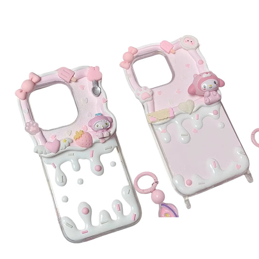 handmade Sanrio My Melody decoden phone case with pink cream glue design and kawaii pearl embellishments