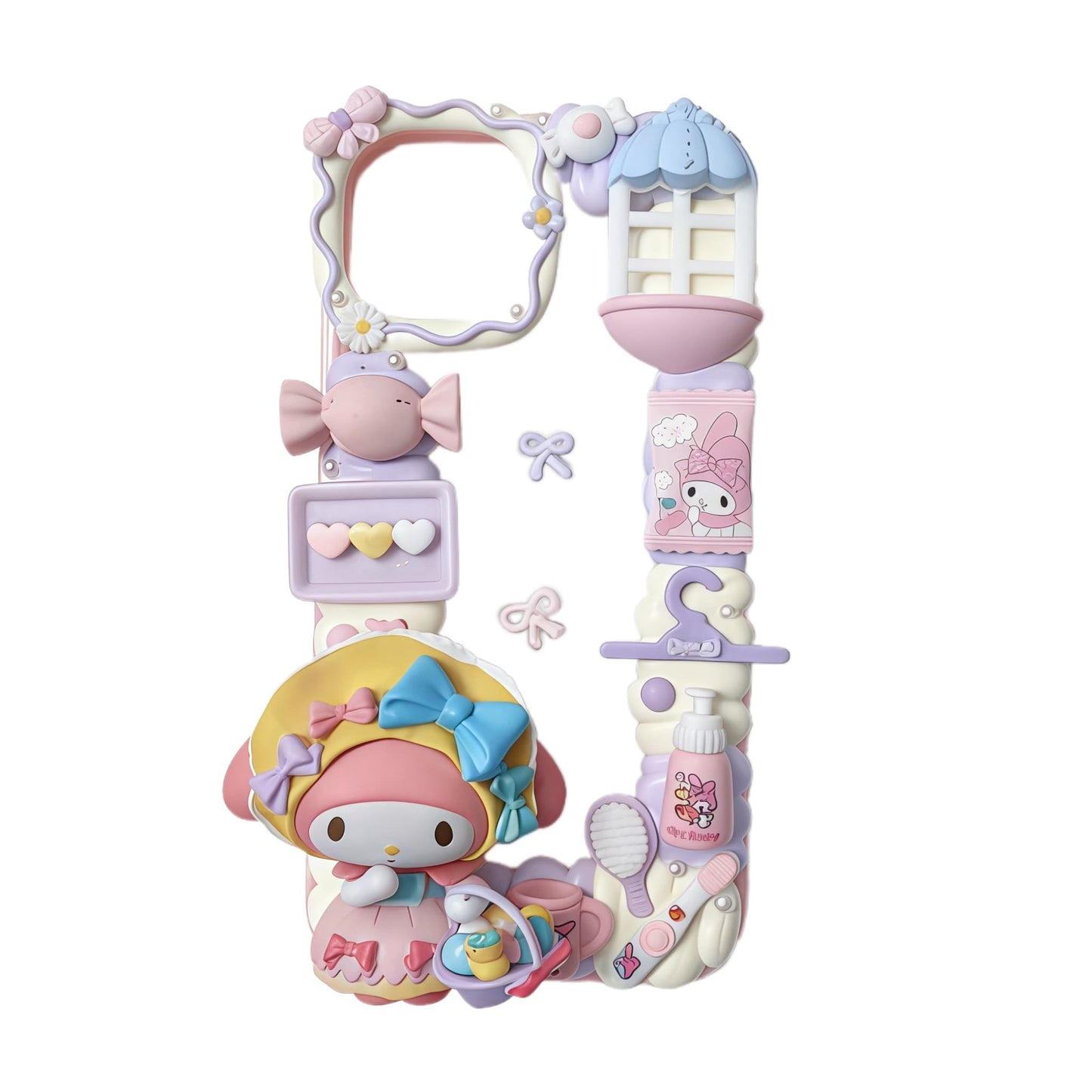 Handmade Sanrio My Melody decoden phone case with pink cream glue design, pearl embellishments and kawaii bow details