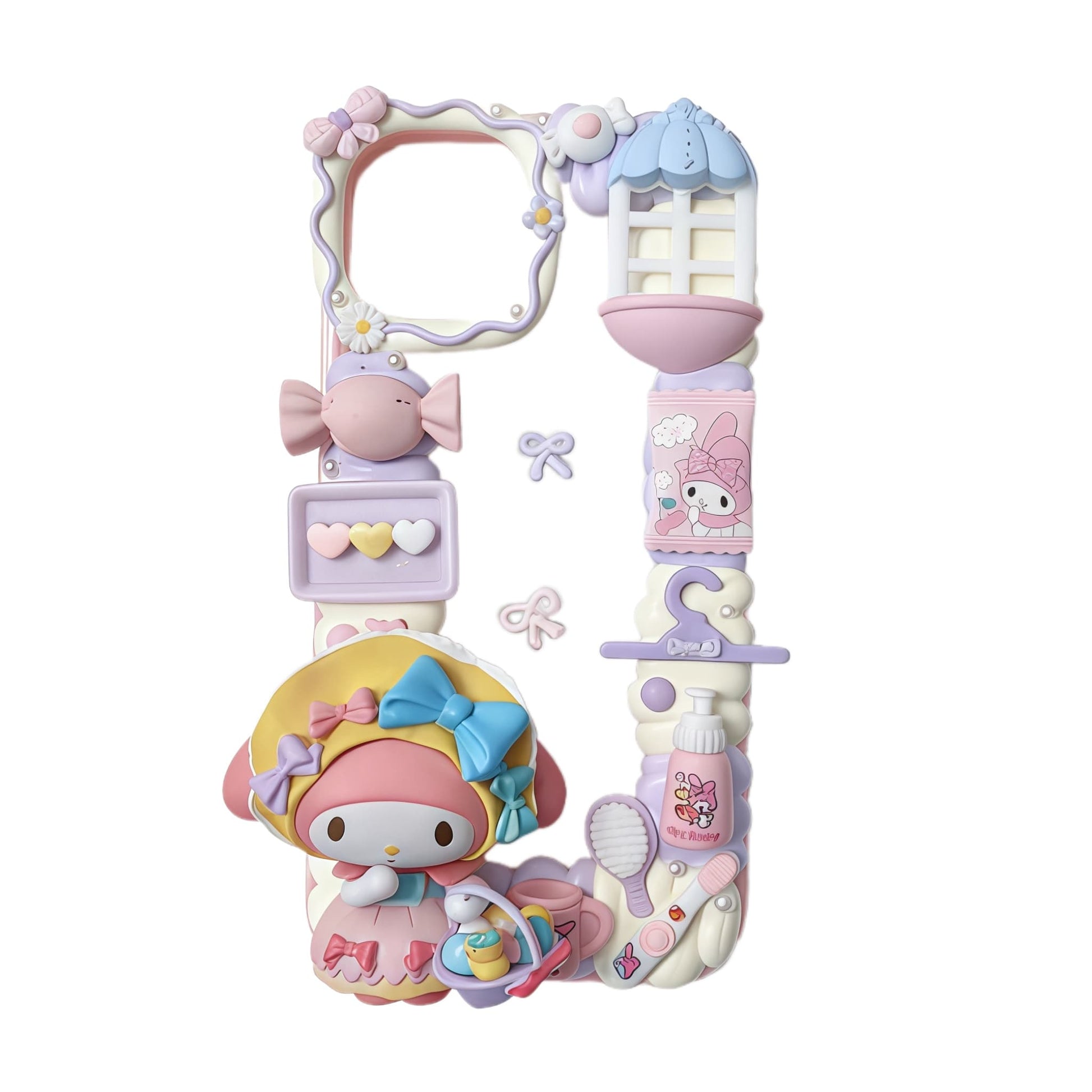 Handmade Sanrio My Melody decoden phone case with pink cream glue design, pearl embellishments and kawaii bow details