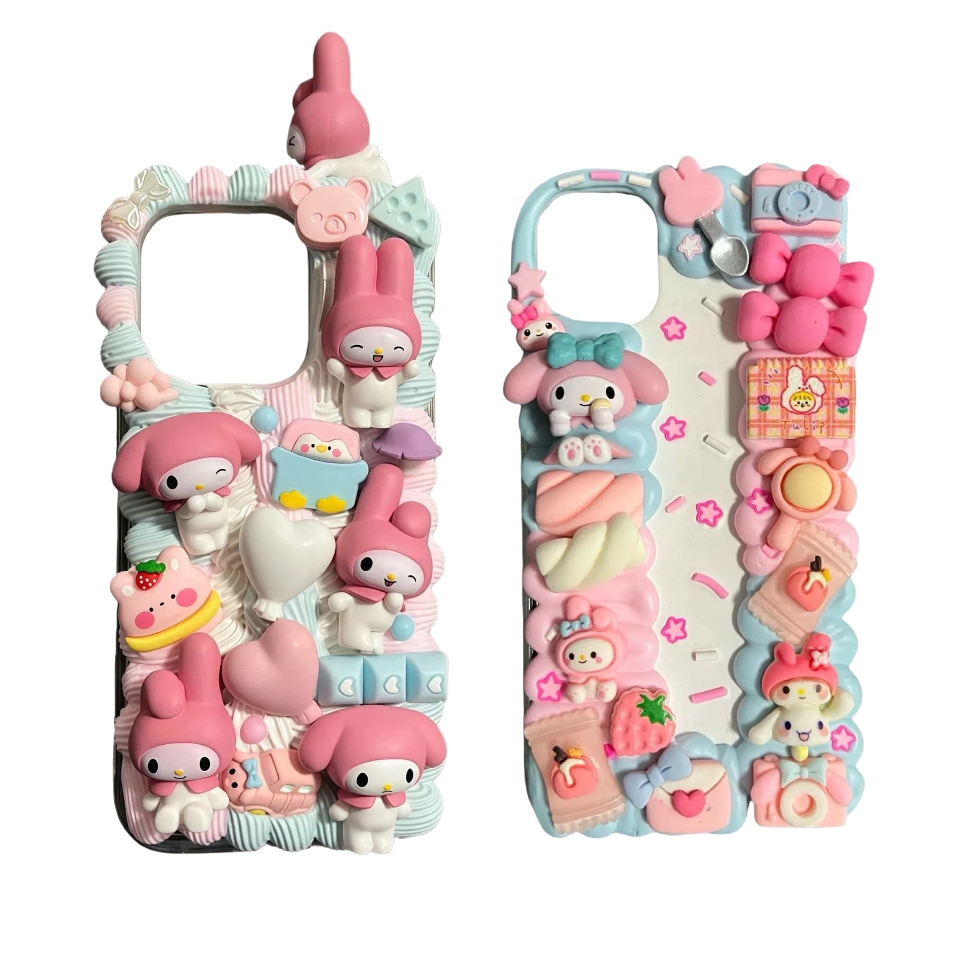 Luxurious handmade My Melody phone case featuring intricate cream glue decoden art with pink and white baroque-inspired details
