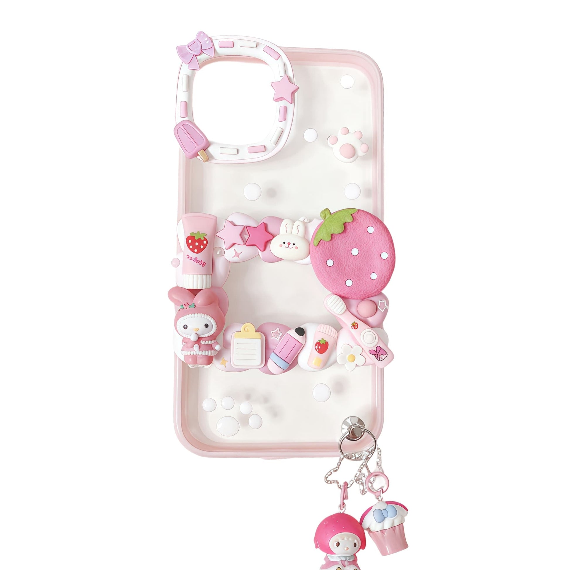 Handmade decoden phone case featuring Sanrio My Melody character with strawberry theme, decorated with pink pearls, rhinestones and kawaii baroque-style embellishments
