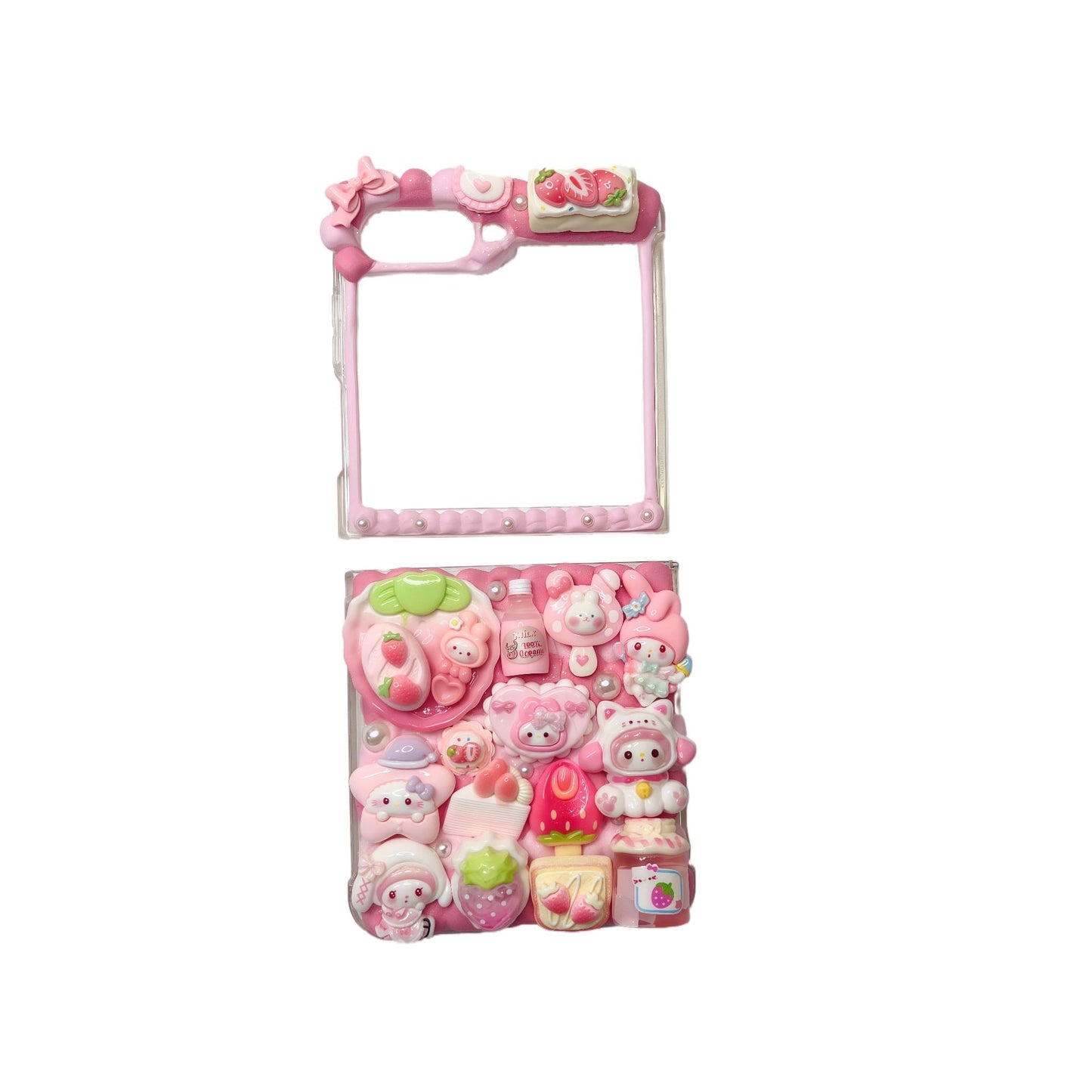 Handmade decoden phone case featuring Sanrio My Melody character with whipped cream glue design, adorned with pearls, rhinestones and kawaii baroque-style decorations