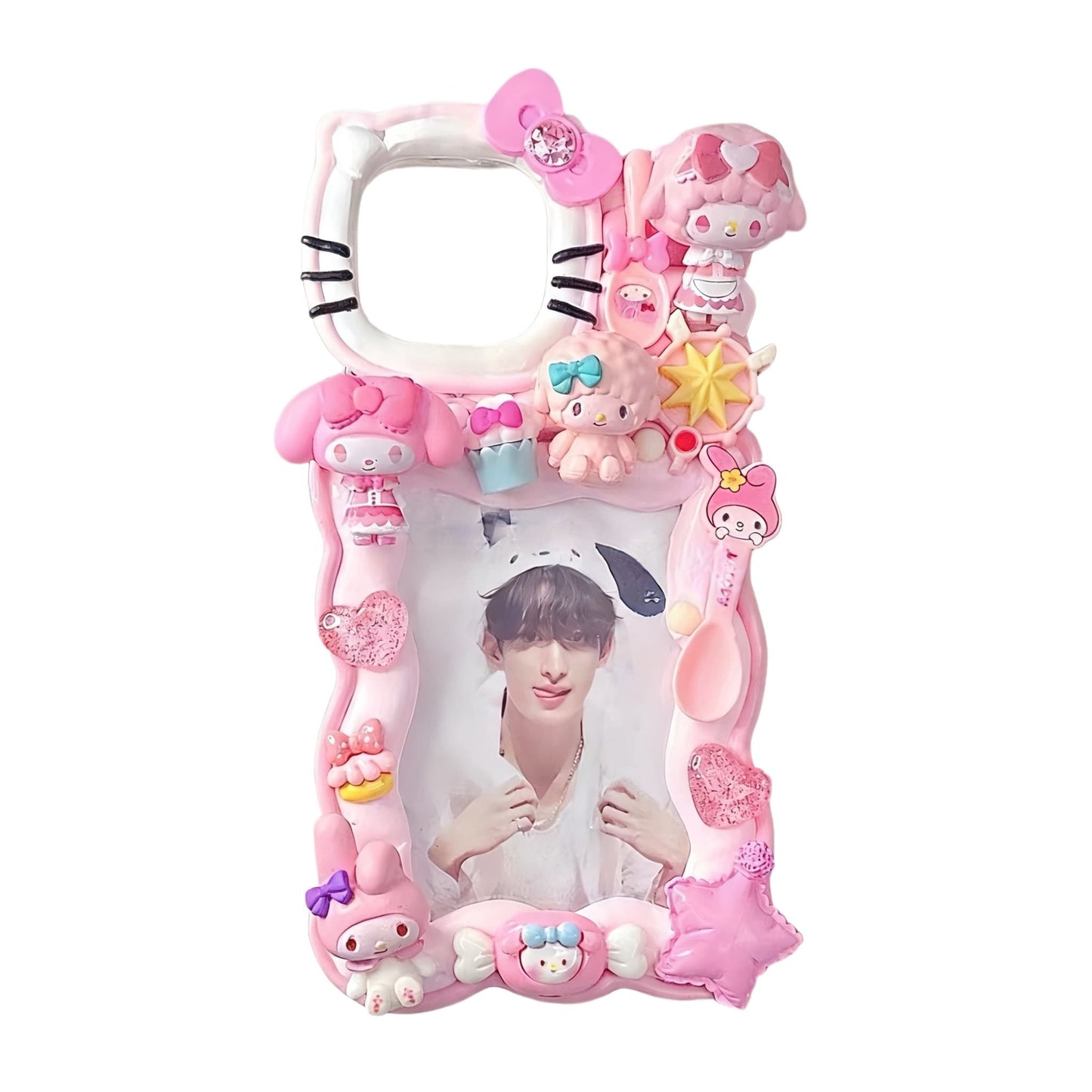 My Melody decoden card holder phone case with pink whipped cream design and bunny character charms