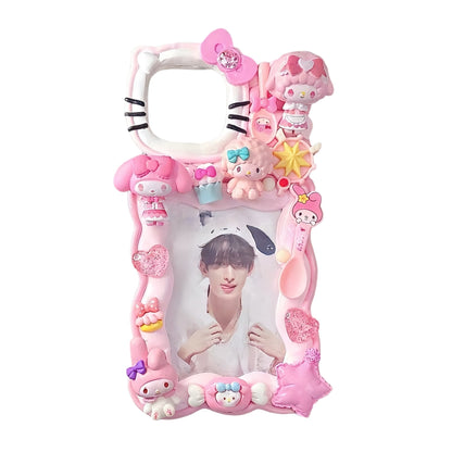 My Melody decoden card holder phone case with pink whipped cream design and bunny character charms