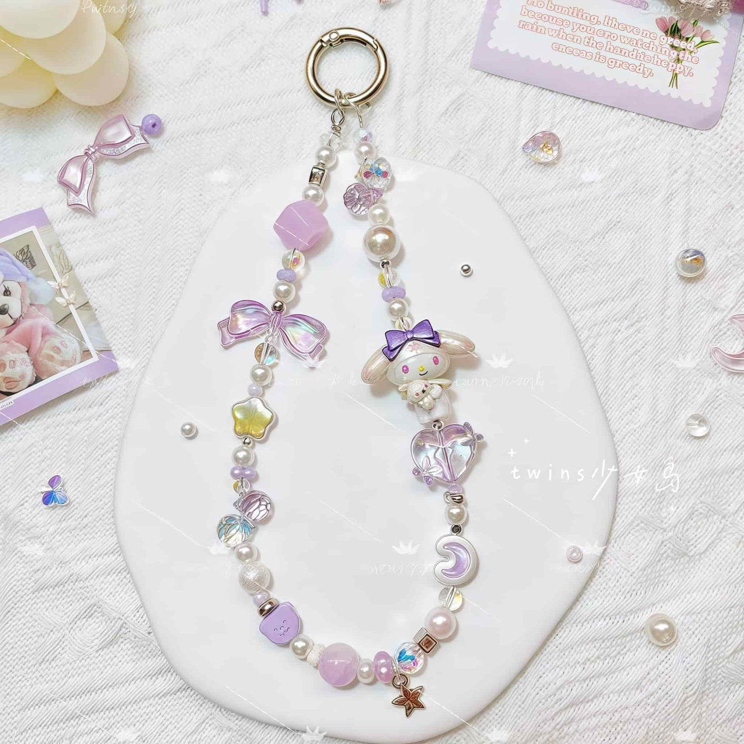 Handmade My Melody phone chain with pink crystal beads and Sanrio charm - Y2K style accessory