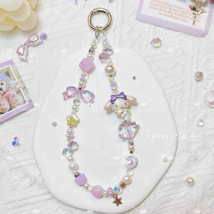 Handmade My Melody phone chain with pink crystal beads and Sanrio charm - Y2K style accessory