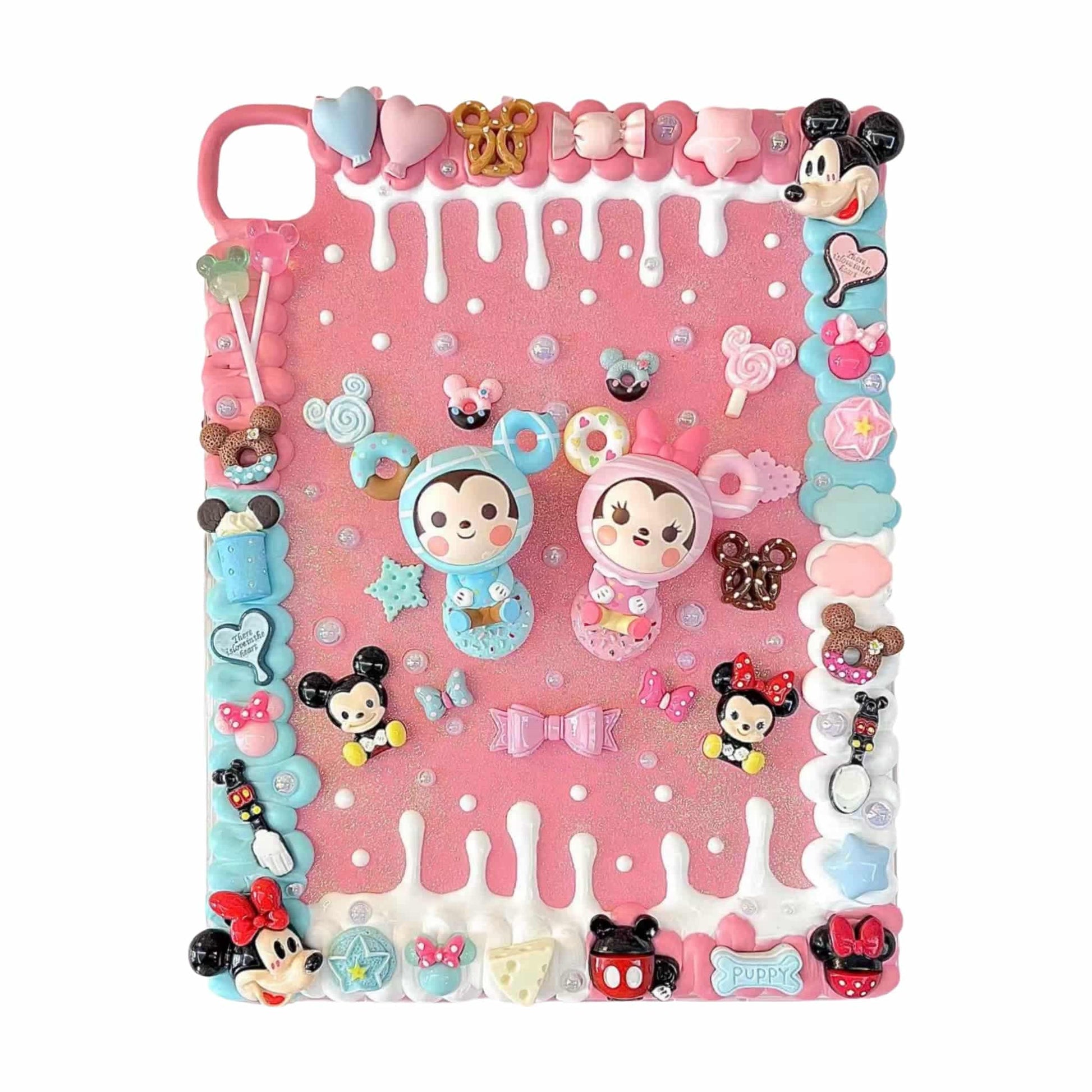 Mickey and Minnie Mouse decoden iPad case with whipped cream texture and Disney character embellishments