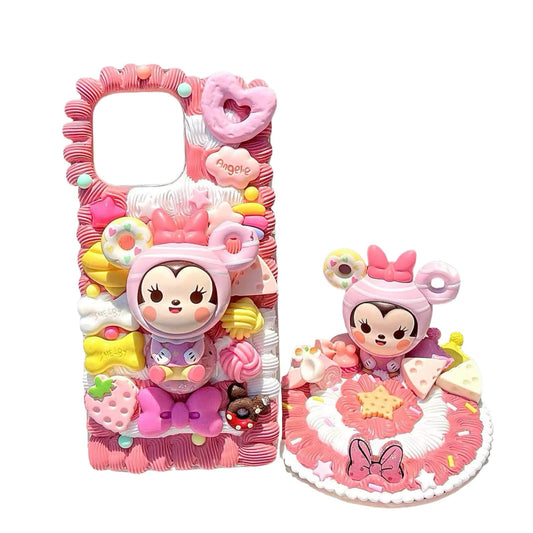 Handmade decoden phone case featuring Minnie Mouse cream glue design with baroque-inspired embellishments and Y2K aesthetic
