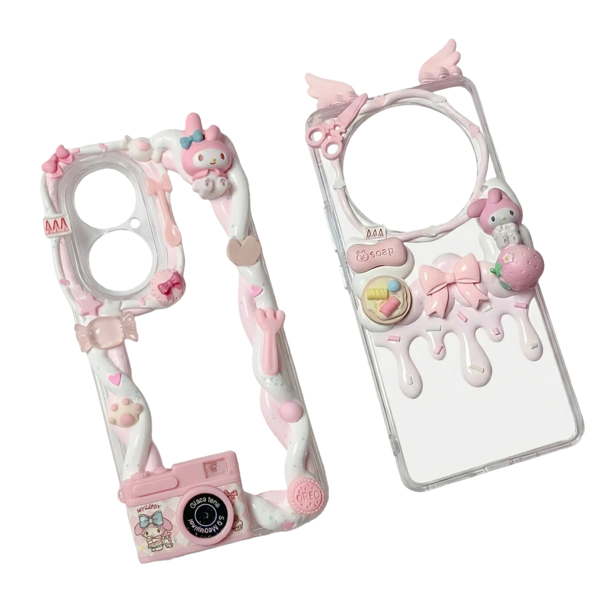 Handmade pink decoden phone case featuring Sanrio My Melody with cream glue design and kawaii charms