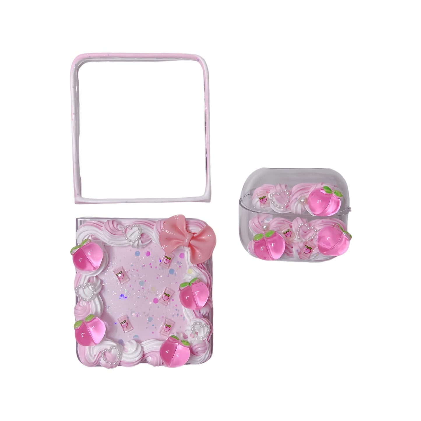 Handmade decoden phone case with Sumikko Gurashi cream glue design in peach tones featuring kawaii Y2K aesthetic