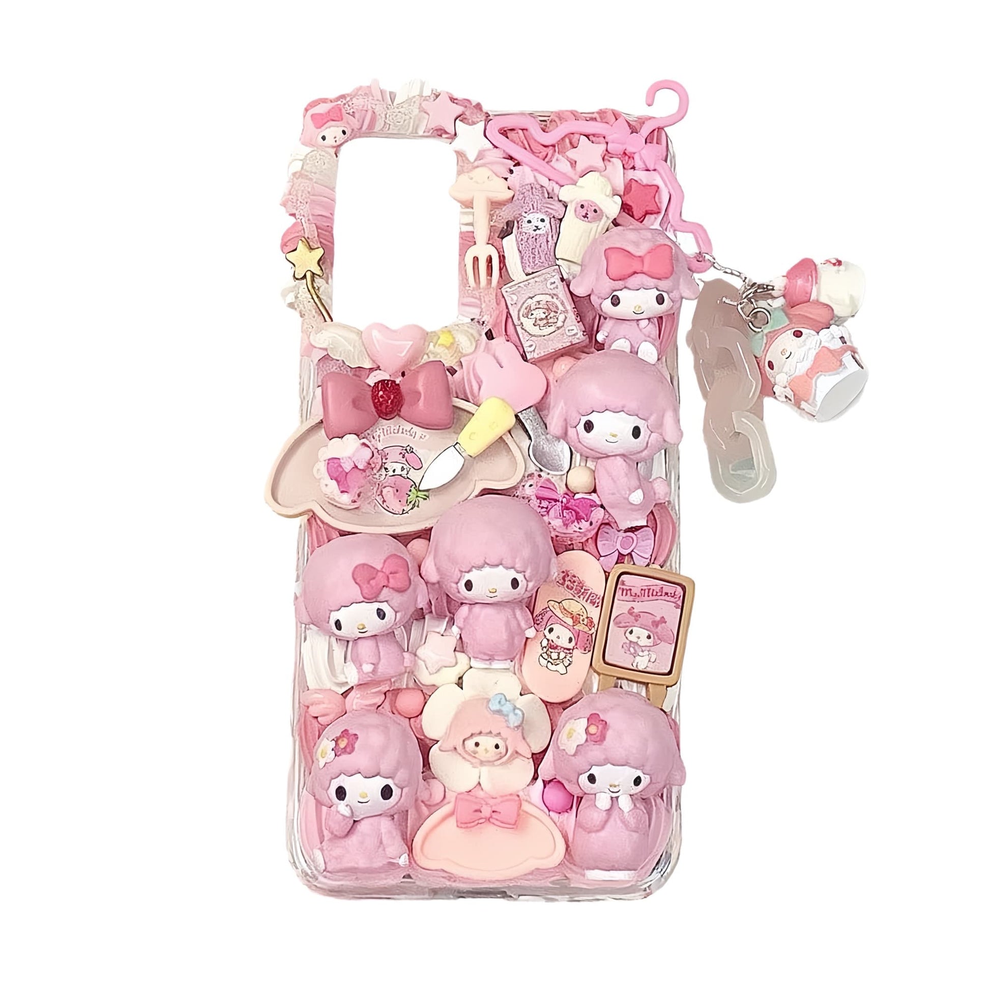 Sanrio My Melody phone case with piano keys design and cream glue decoden art in pink tones