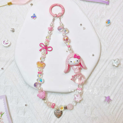 Pink Hello Kitty handmade phone chain with durable crystal beads