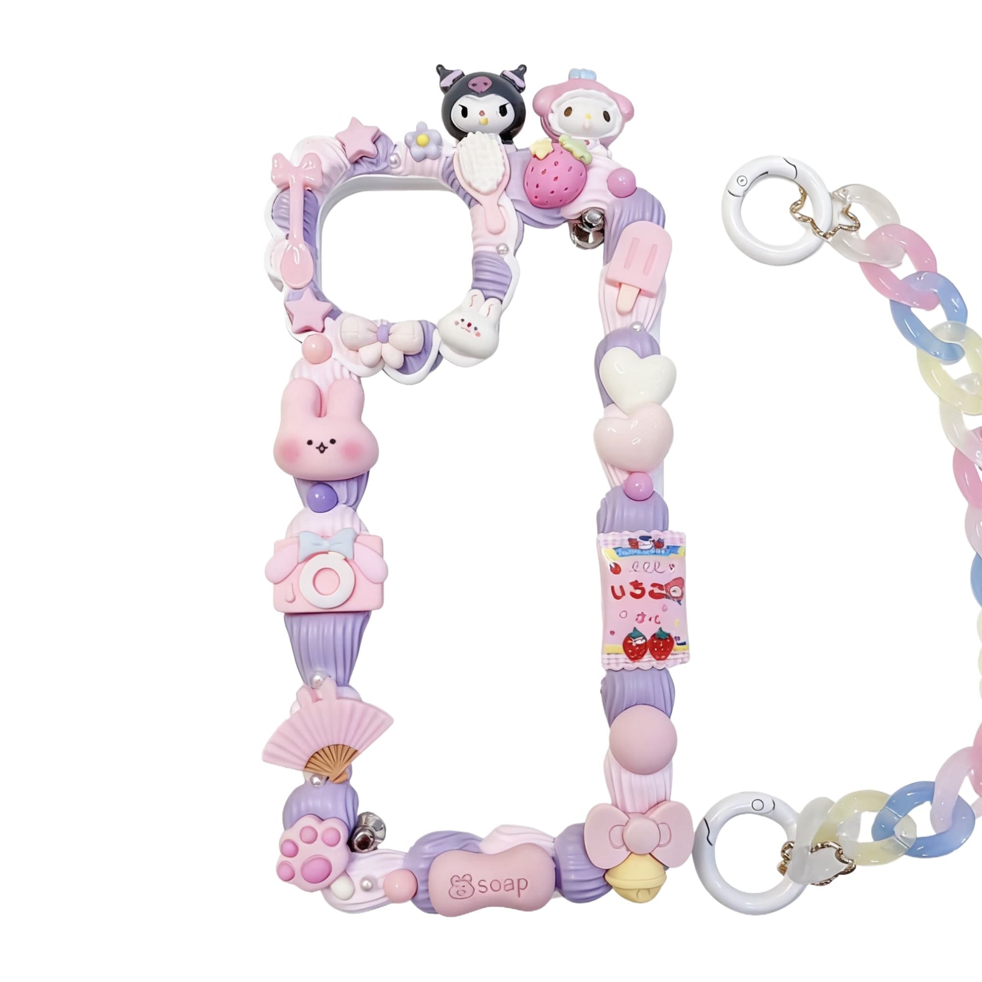 Handmade pink Sanrio decoden phone case with Y2K aesthetic, 3D cream glue design, and kawaii baroque character embellishments