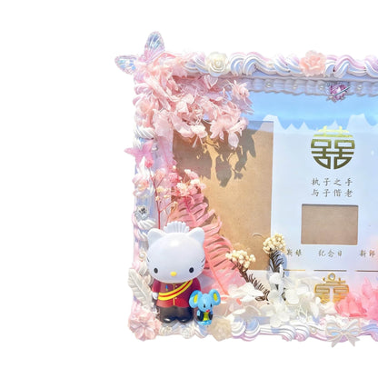 Pink handmade decoden marriage certificate frame with soft texture cream glue details and Y2K aesthetic charm