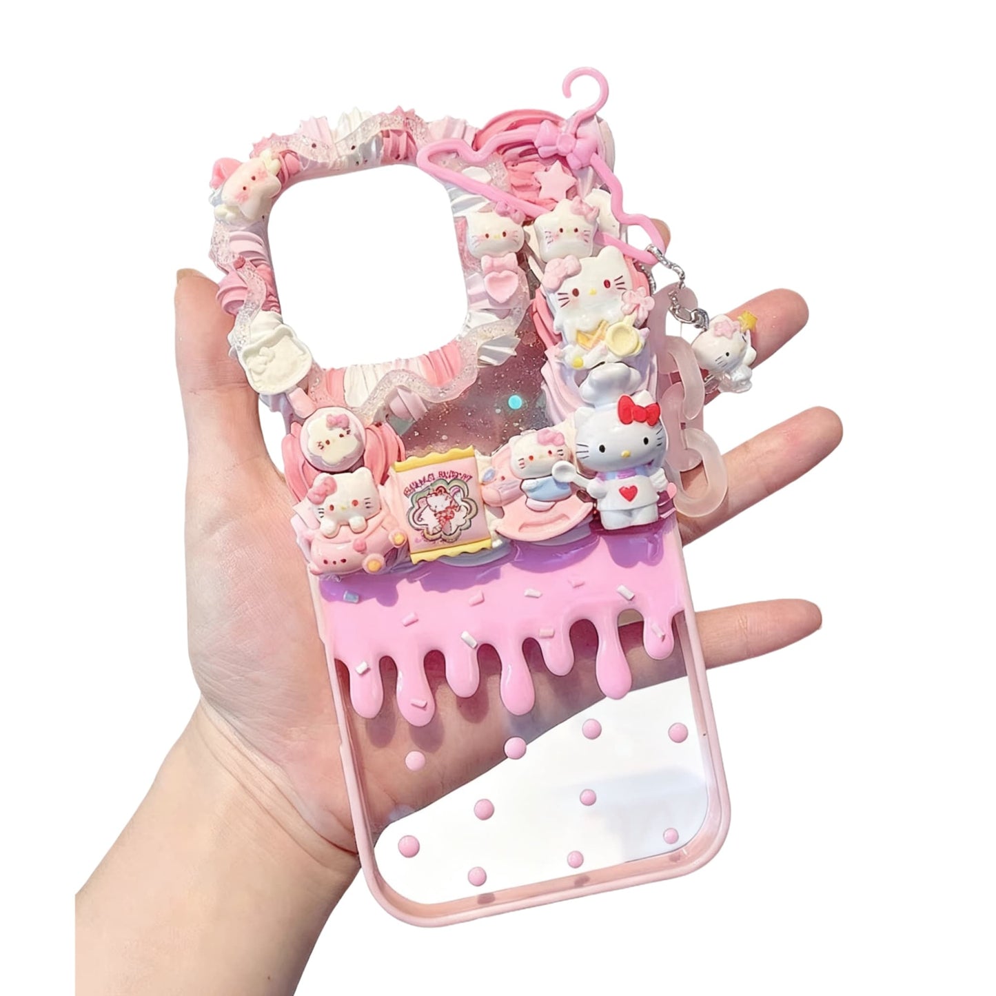 Pink Hello Kitty handmade decoden phone case with Sanrio-inspired cream glue art and baroque-style pearl decorations