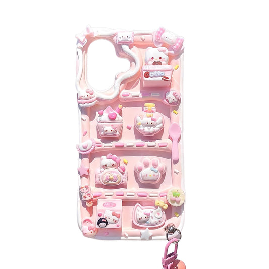 Handmade pink Hello Kitty decoden phone case with kawaii cream glue design and Sanrio charms