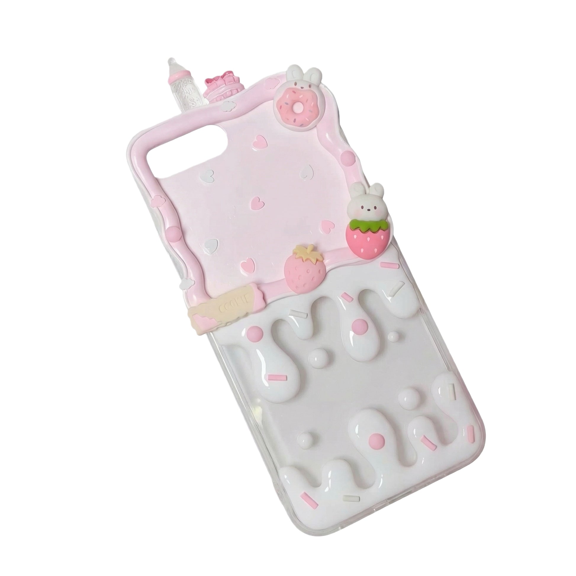 Pink kawaii cream glue decoden phone case with handmade rabbit charm and baroque pearl details