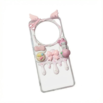 Pink kawaii decoden phone case with angel wings, My Melody charm, and handmade baroque details