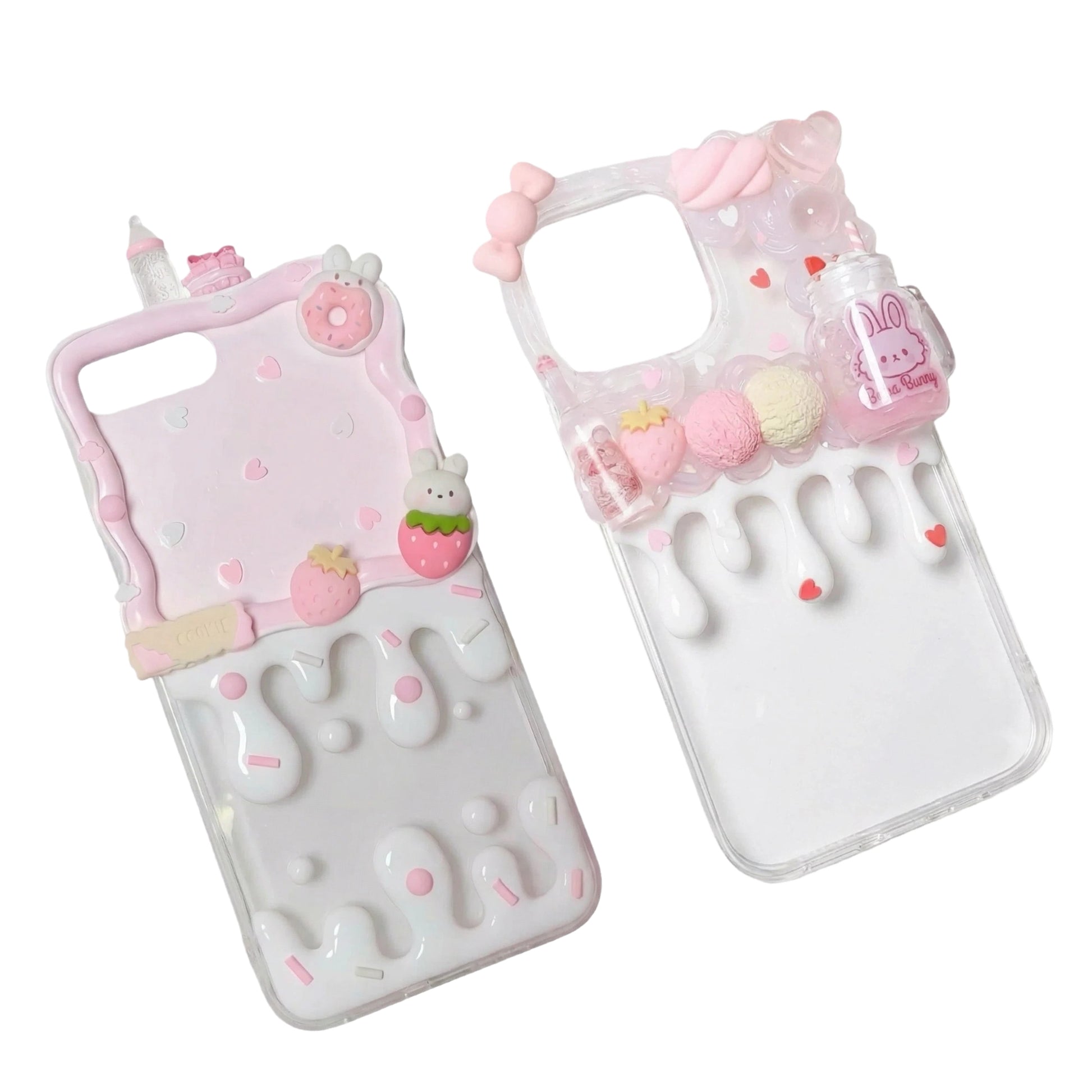 Handmade pink decoden phone case featuring kawaii rabbit with cream glue design and baroque pearls