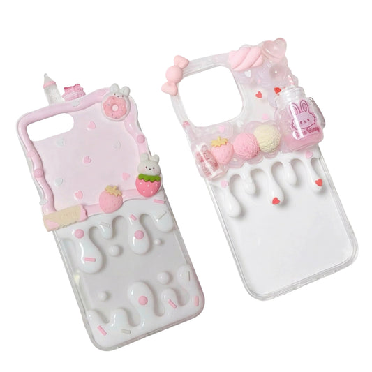 Handmade pink decoden phone case featuring kawaii rabbit with cream glue design and baroque pearls