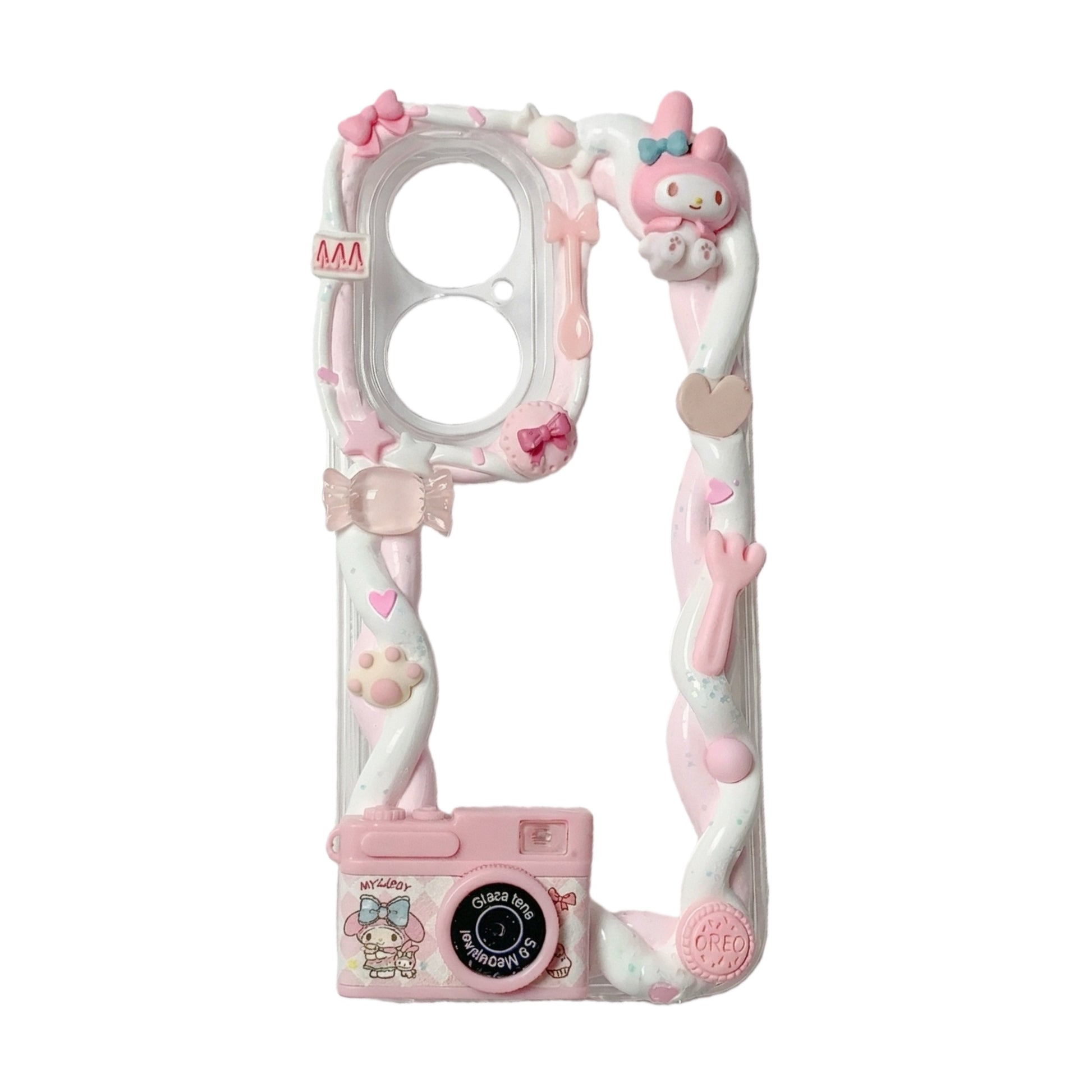 Pink kawaii My Melody decoden phone case with handmade cream glue texture and Sanrio charm details