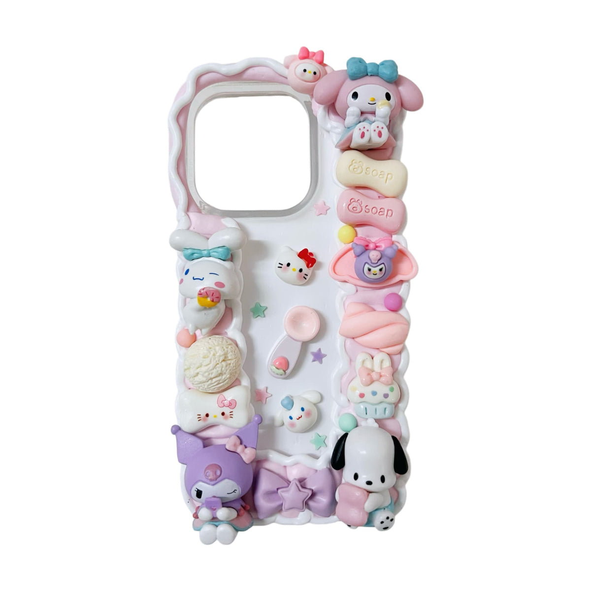 Handmade Sanrio decoden phone case with cream glue design, kawaii Y2K style