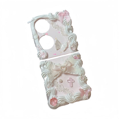 Close-up of Y2K decoden phone case showing handcrafted baroque 3D cream glue embellishments and rococo details