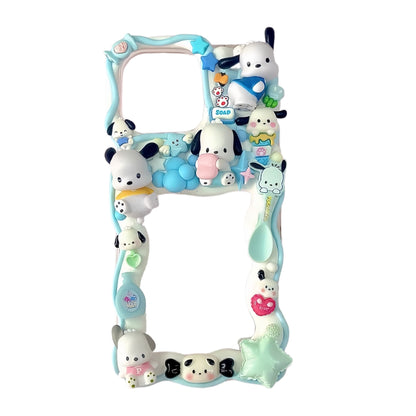 Pochacco decoden card holder phone case with blue and white 3D cream design and puppy character charms