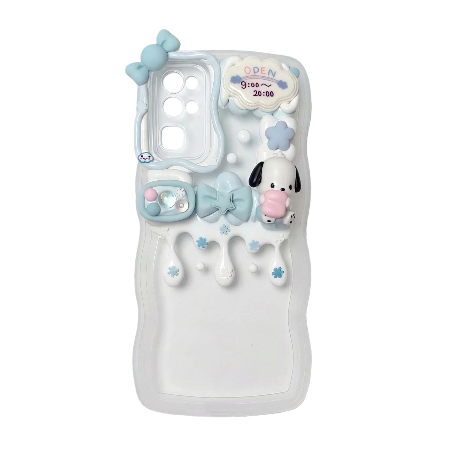 Handmade Sanrio Pochacco decoden phone case with kawaii blue cream glue design and dog charms
