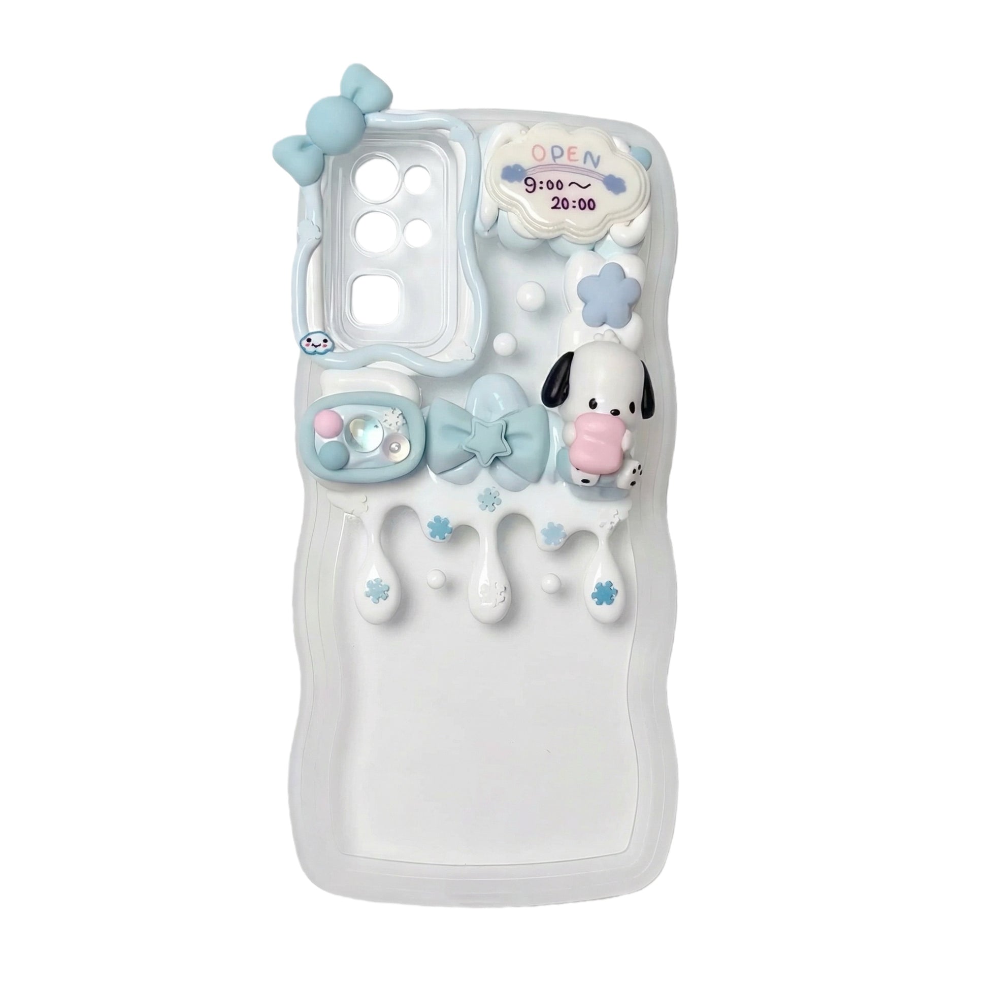 Handmade Sanrio Pochacco decoden phone case with kawaii blue cream glue design and dog charms