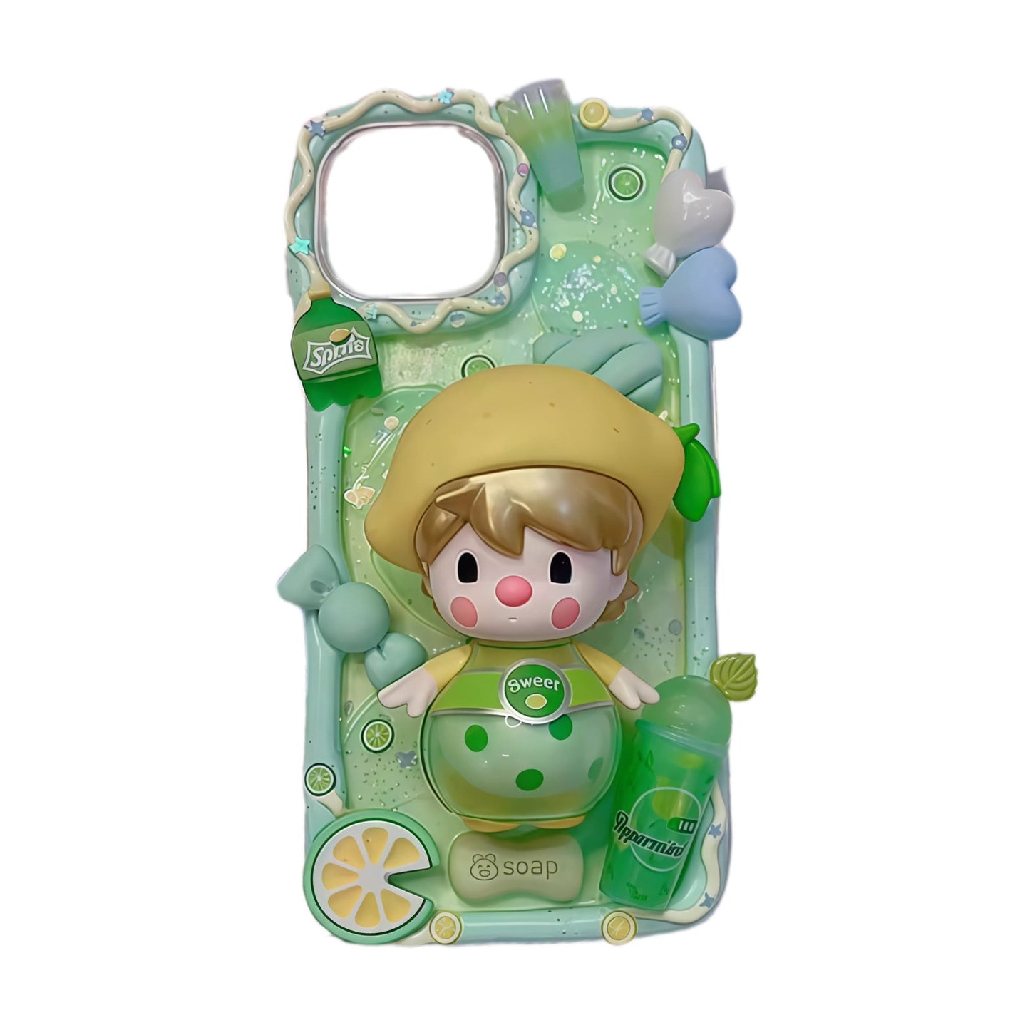 Custom decoden phone case with Pop Mart figurine charm, cream glue texture, and luxe handcrafted details in pink and white tones